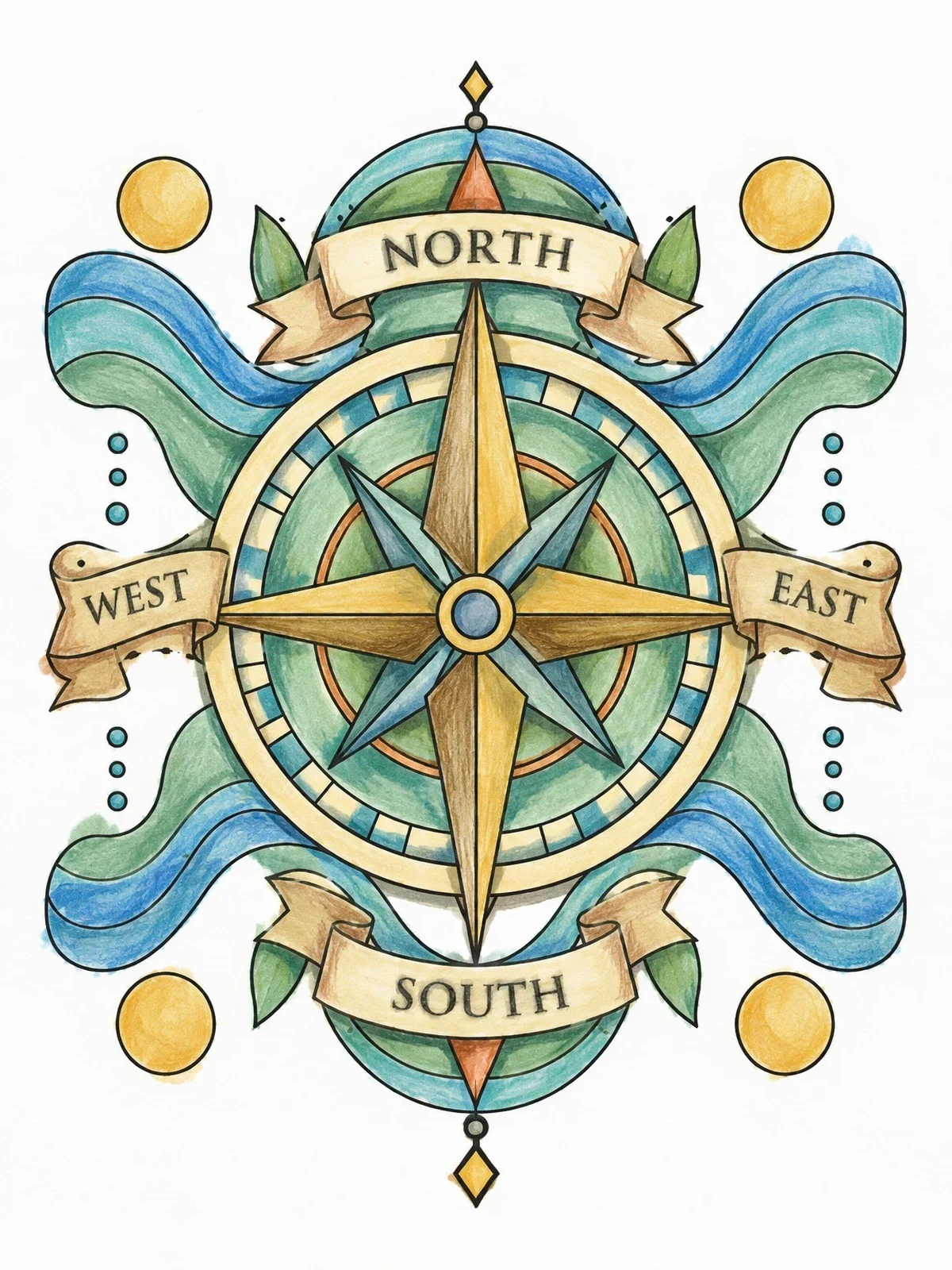 Colored example of the Decorative Compass Rose With Banners coloring page