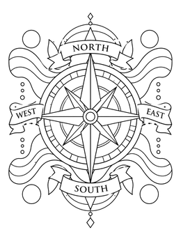 An ornate compass coloring page featuring labeled cardinal direction banners and flowing ribbons.