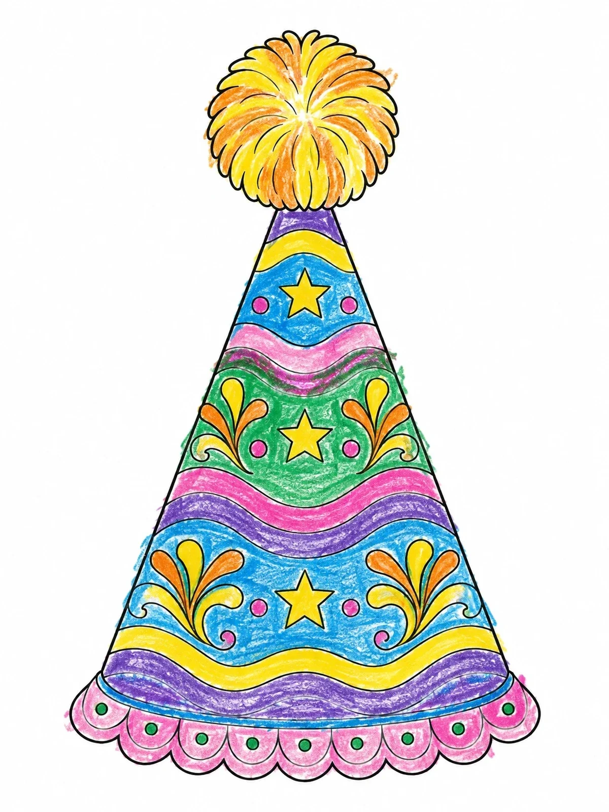Colored example of the Decorative Cone Party Hat With Pom Pom coloring page