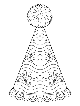 Decorated cone party hat coloring page with stars, waves, and a fluffy pom-pom.