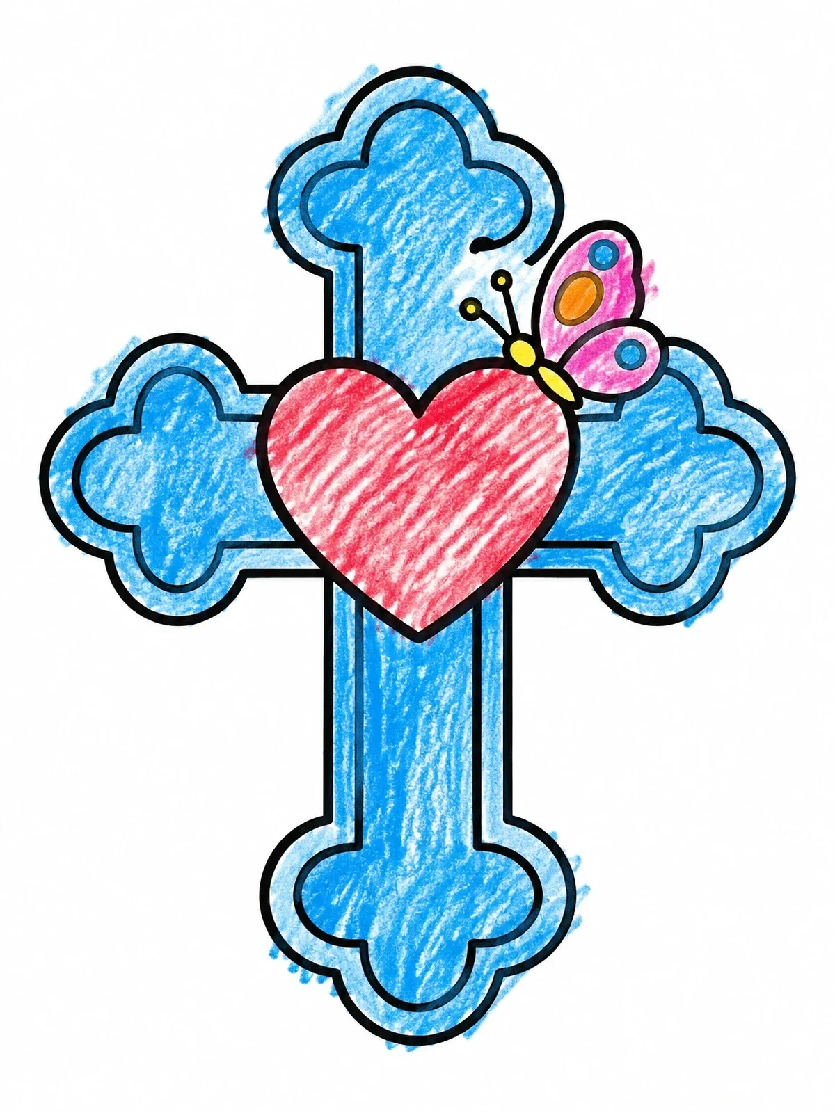 Colored example of the Decorative Cross With Heart And Butterfly coloring page
