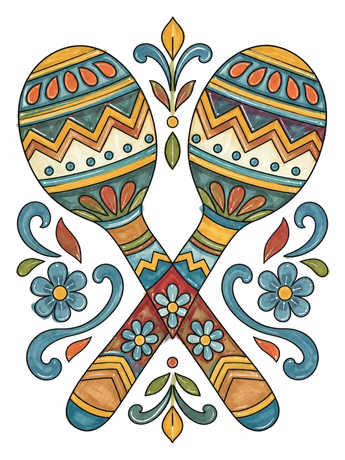 Colored example of the Decorative Crossed Maracas With Floral Patterns coloring page
