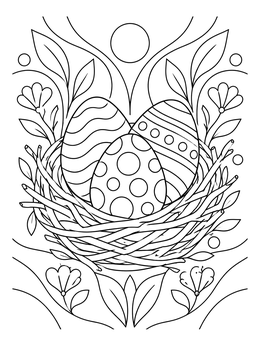 Patterned eggs rest in a twig nest on this dinosaur easter coloring page.