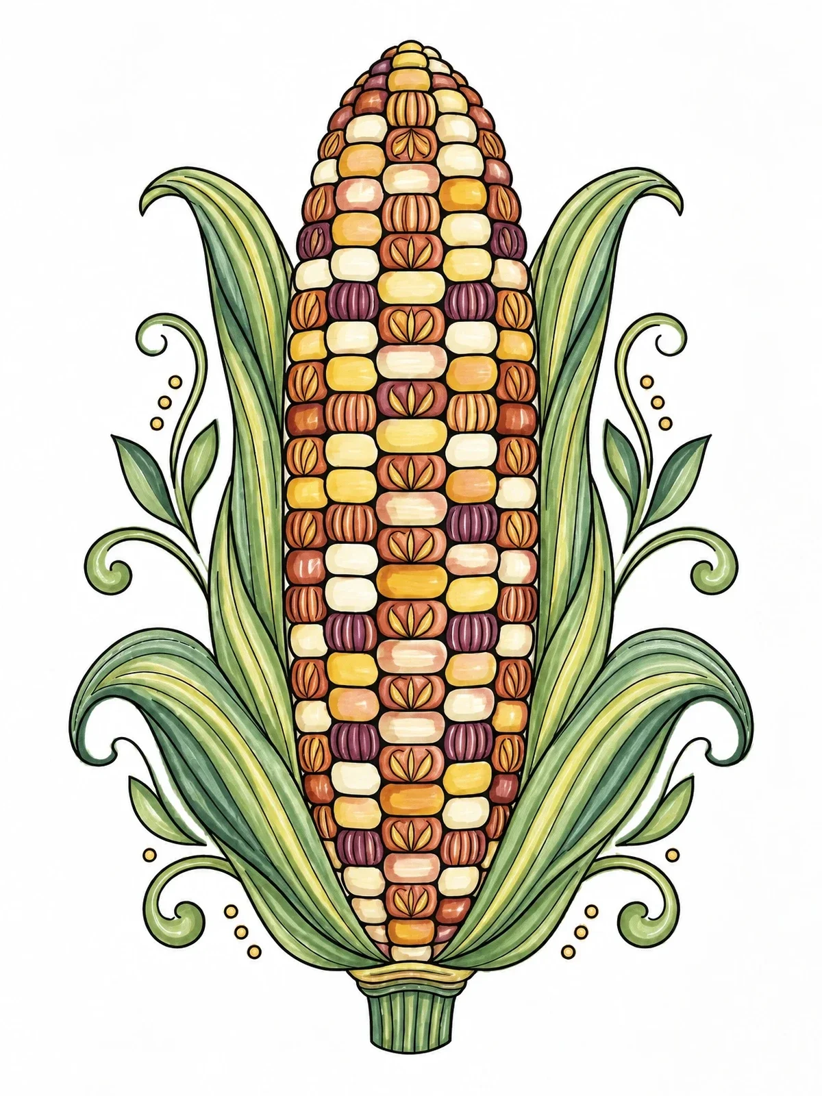 Colored example of the Decorative Ear Of Corn With Ornaments coloring page