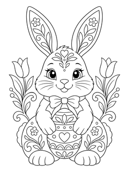 Detailed easter bunny coloring page holding an ornate egg between spring tulips.