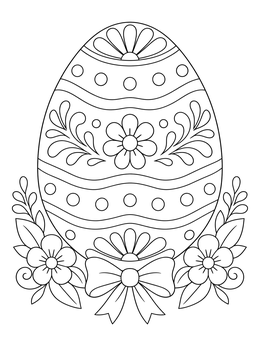 An ornate easter eggs coloring page with floral patterns and a ribbon bow.