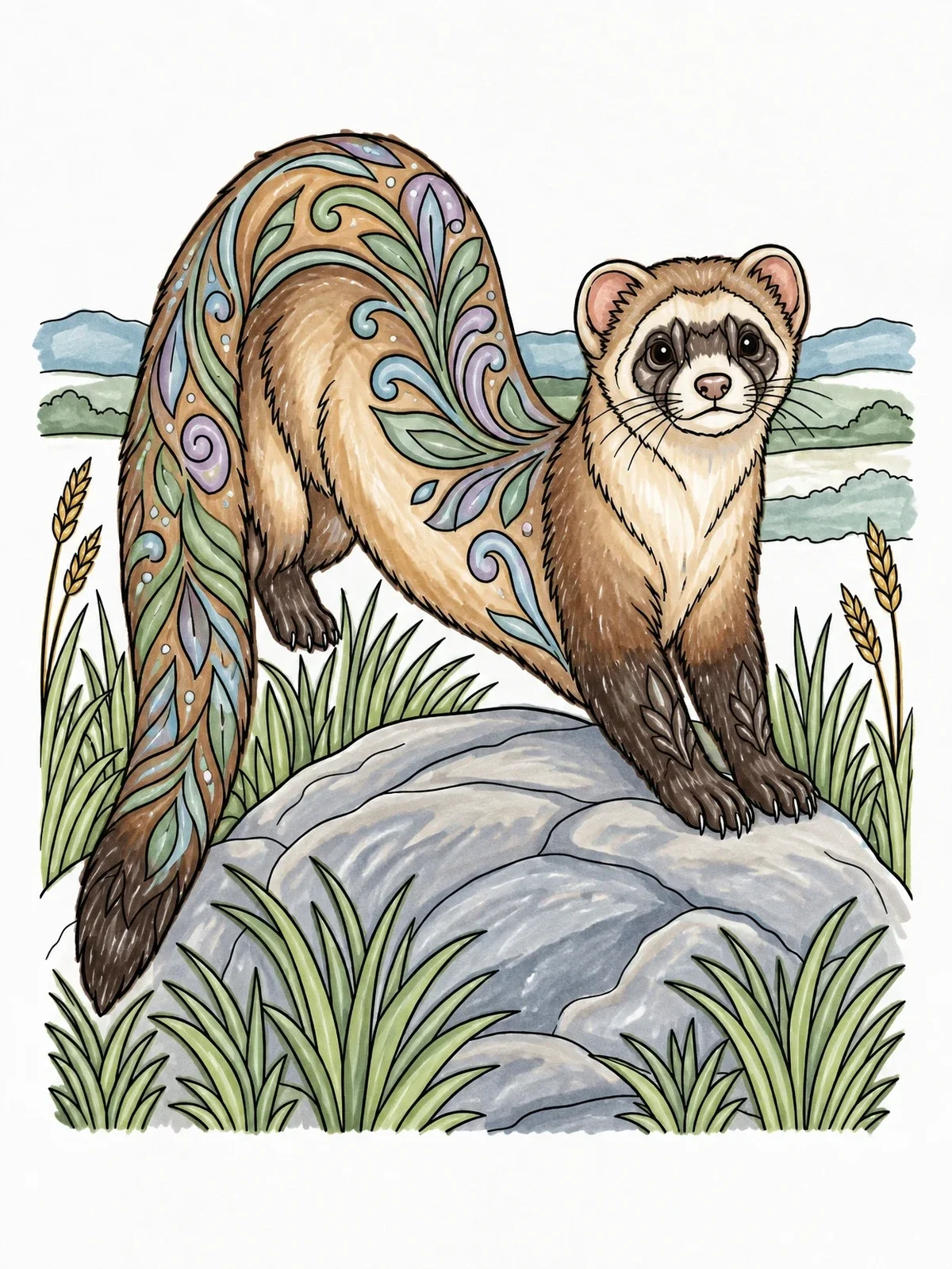 Colored example of the Decorative Ferret On A Meadow Rock coloring page