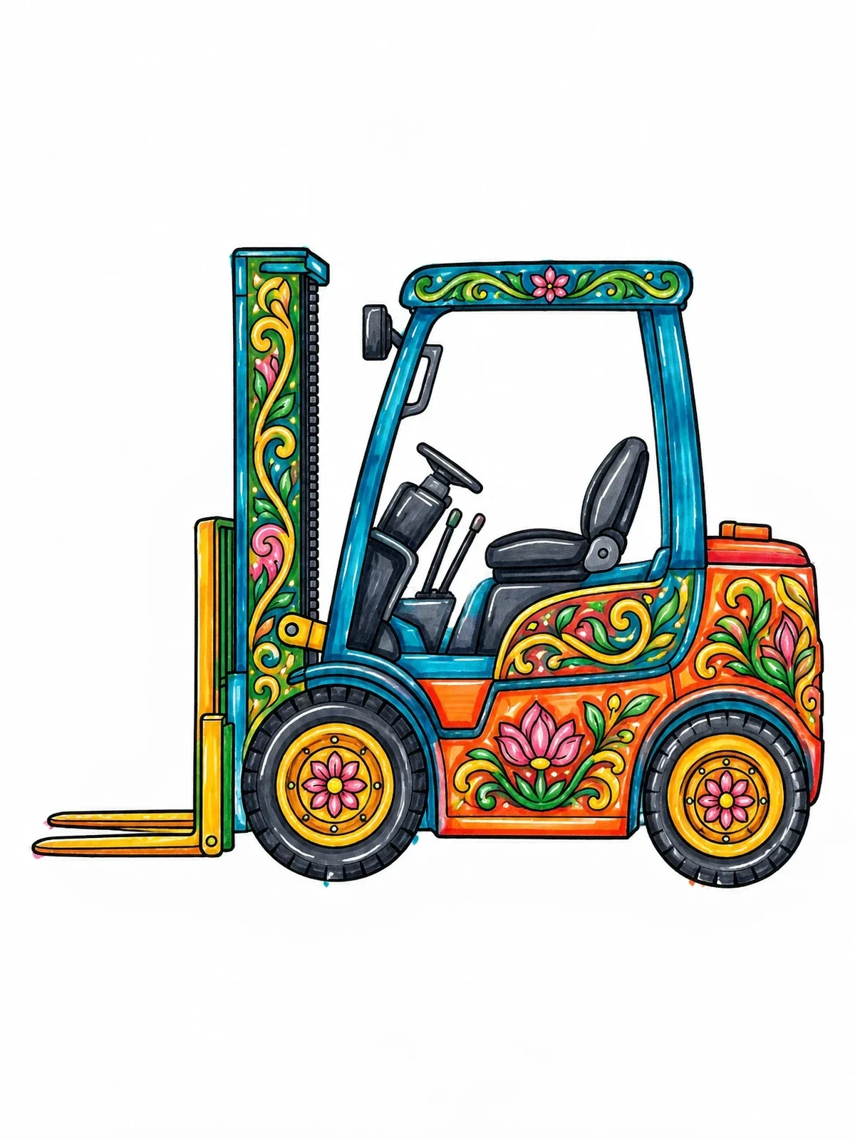 Colored example of the Decorative Floral Counterbalance Forklift coloring page