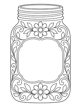 A decorative mason jar coloring page with floral swirls and a blank center label.