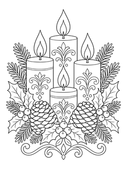 Four lit patterned candles surrounded by pinecones and holly on this advent wreath coloring page.