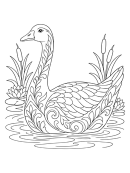 An ornate goose coloring page featuring detailed patterns, cattails, and water lilies.