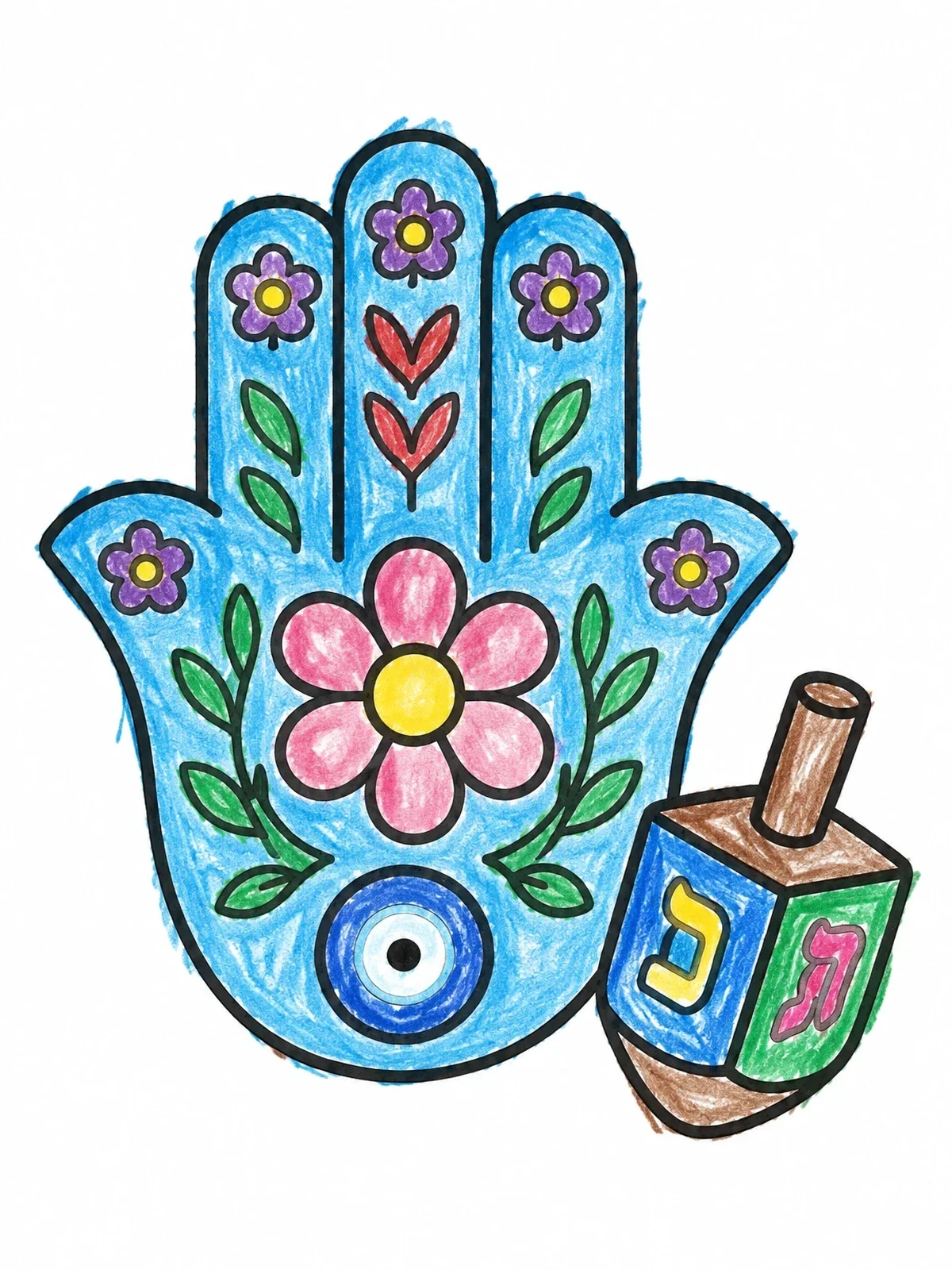 Colored example of the Decorative Hamsa And Spinning Dreidel coloring page
