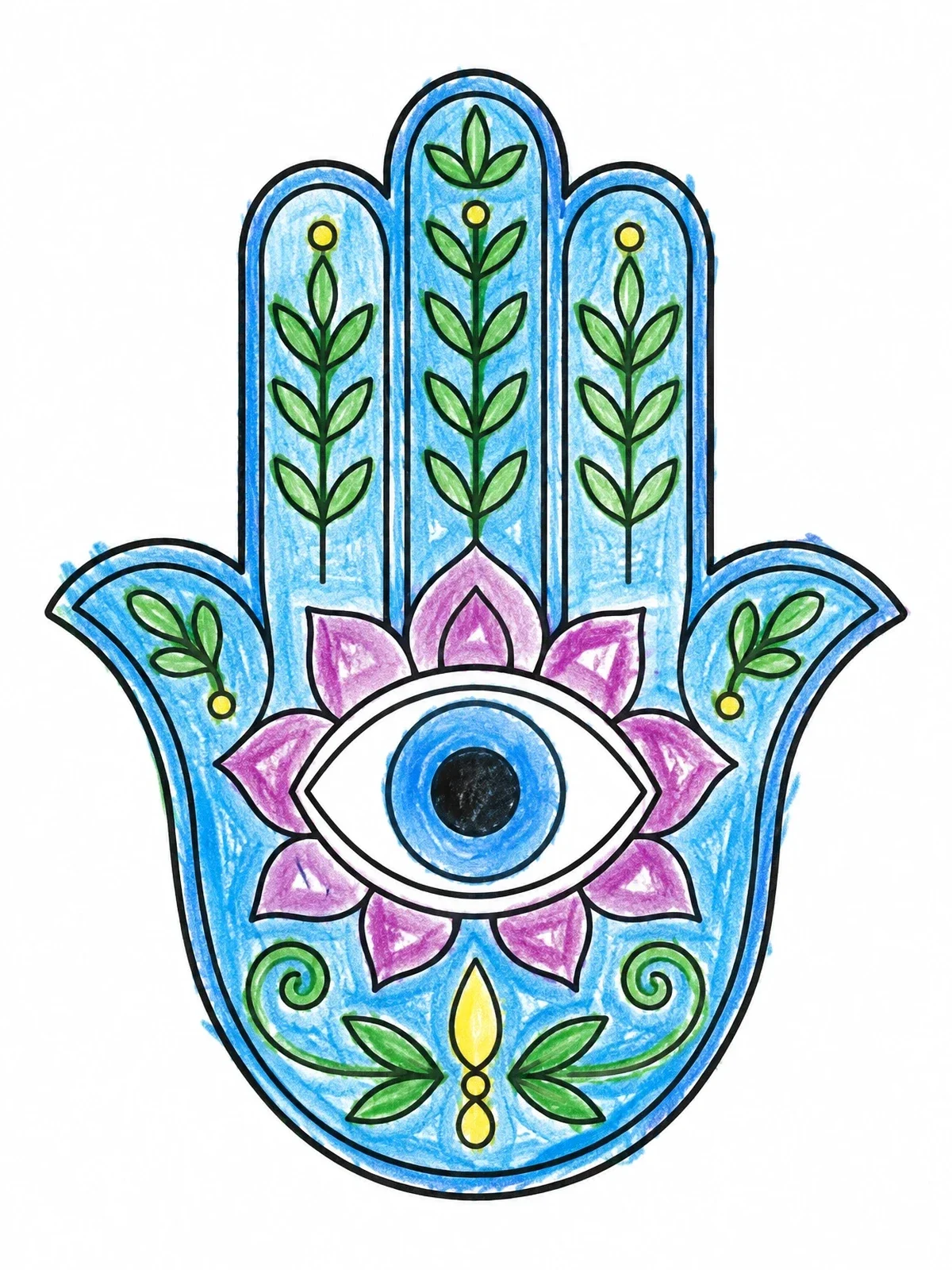 Colored example of the Decorative Hamsa Hand With Evil Eye coloring page