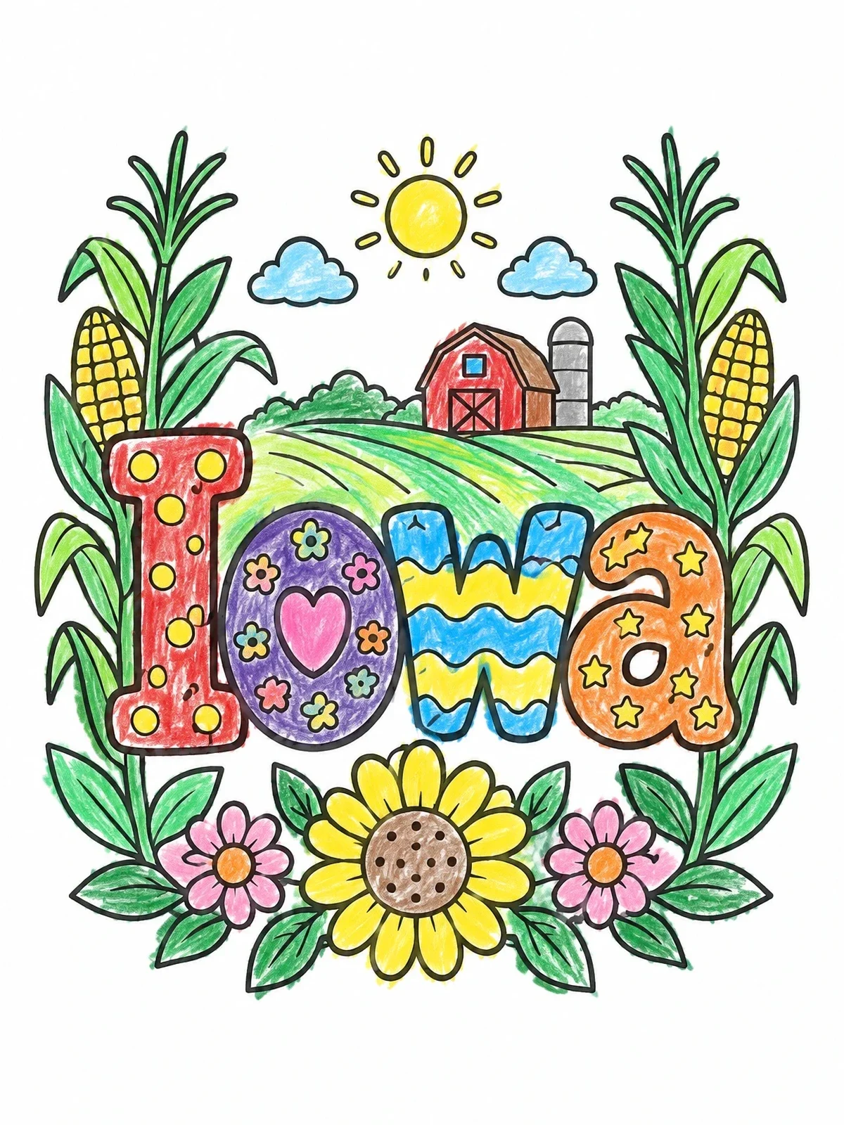 Colored example of the Decorative Iowa Farm Landscape coloring page