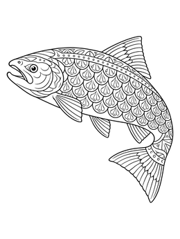 An ornate salmon coloring page featuring decorative patterned scales and sleek fins.