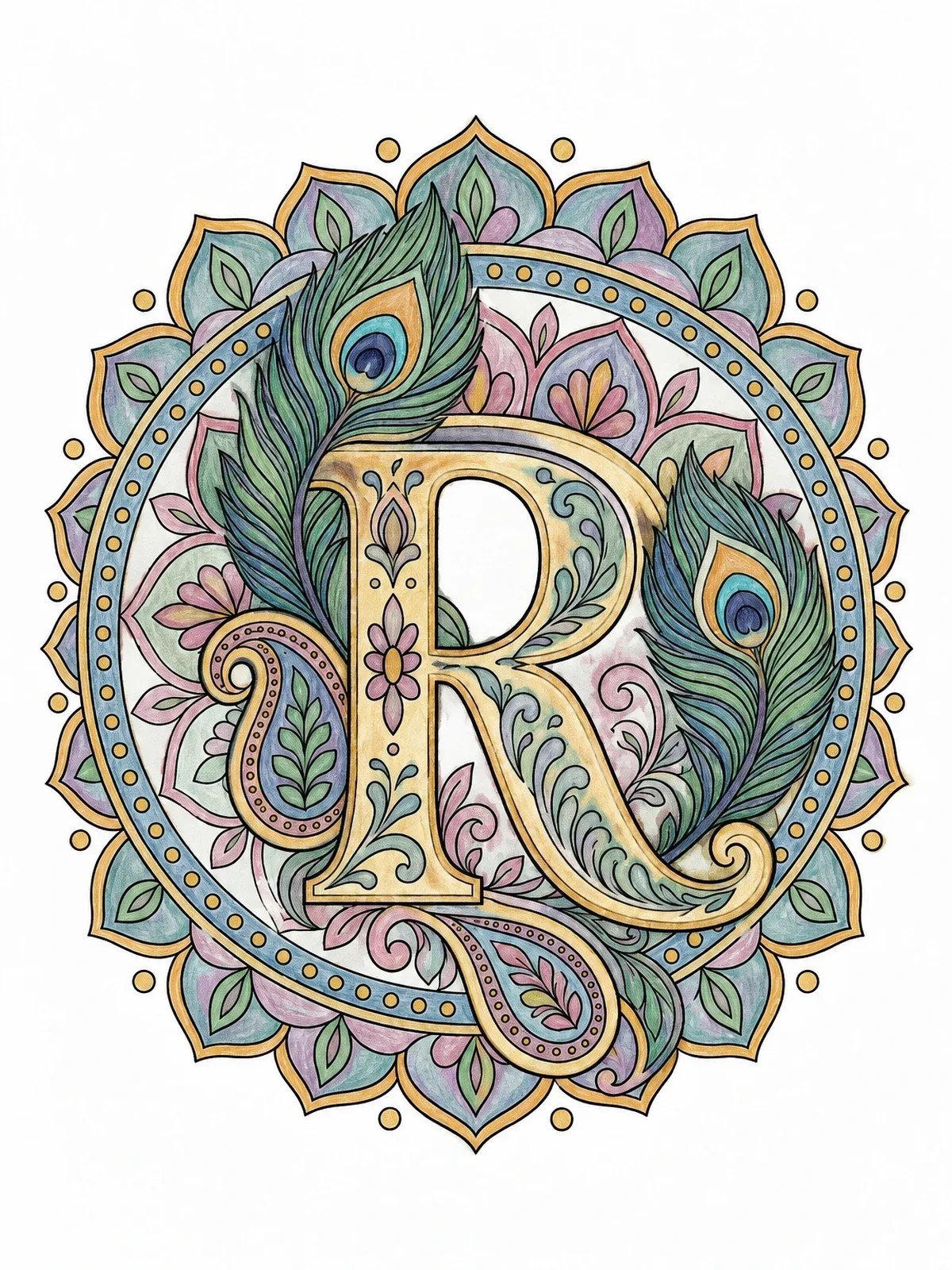 Colored example of the Decorative Letter R With Peacock Feathers coloring page