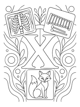 A decorative letter x coloring page framed by cards depicting an x-ray, a xylophone, and a fox.