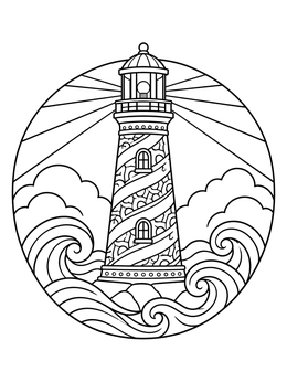 Free printable Decorative Lighthouse With Ocean Waves coloring page