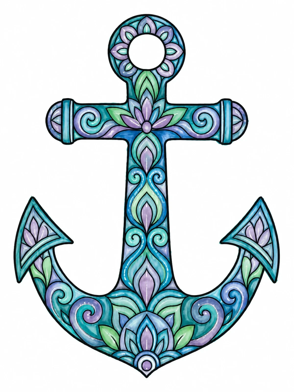 Colored example of the Decorative Mandala Nautical Anchor coloring page
