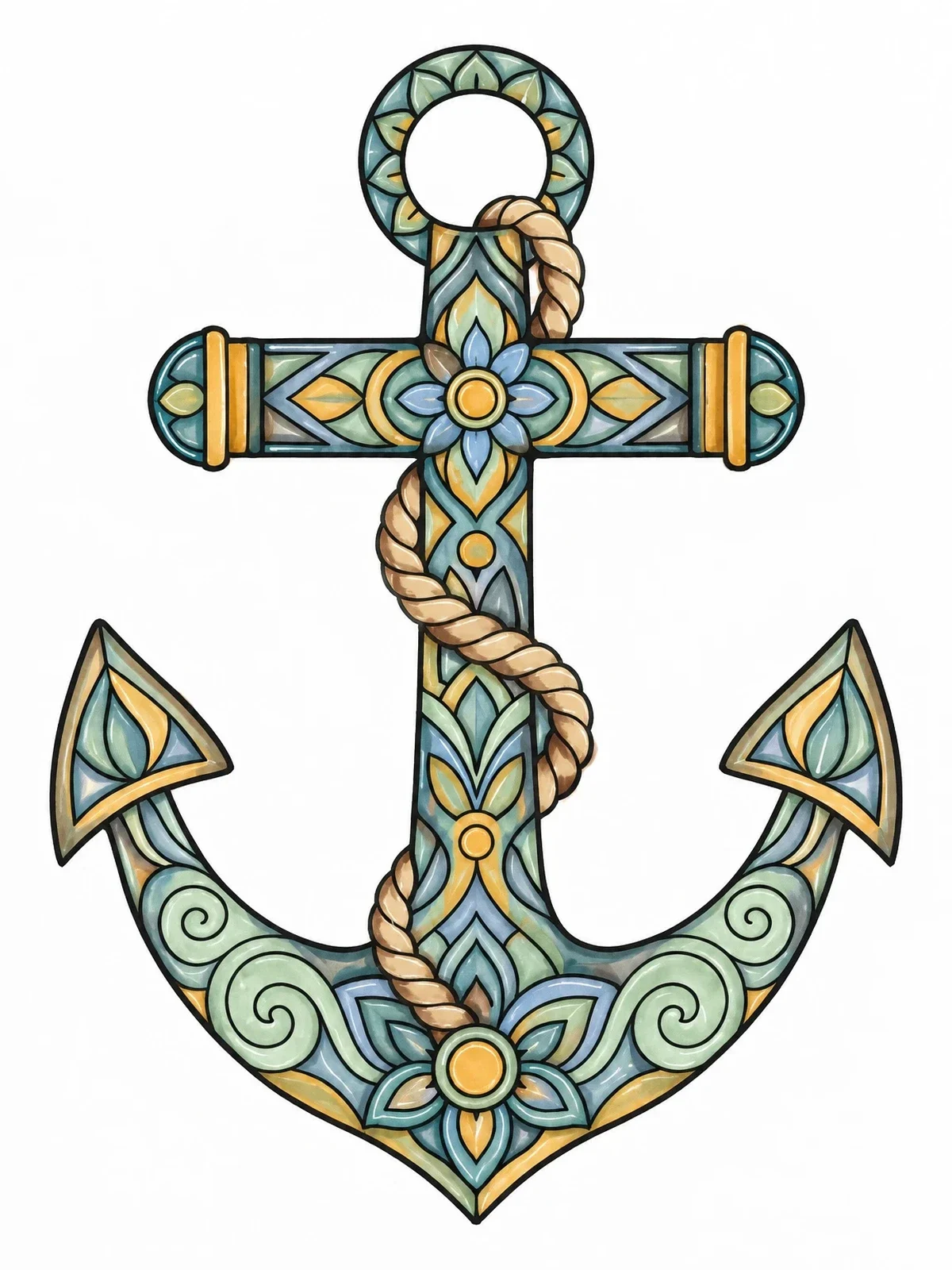 Colored example of the Decorative Nautical Anchor With Mandala Patterns coloring page