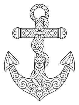 An anchor coloring page featuring ornate floral patterns and a coiled rope.