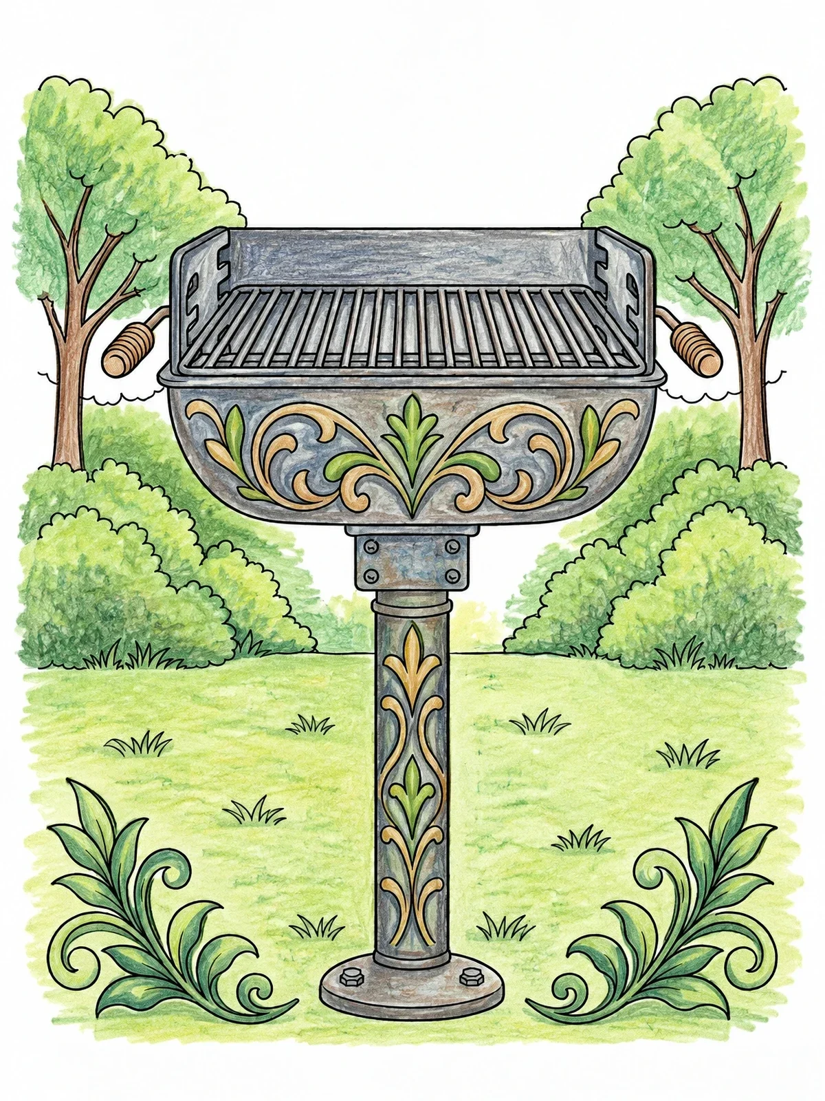 Colored example of the Decorative Outdoor Park Grill coloring page