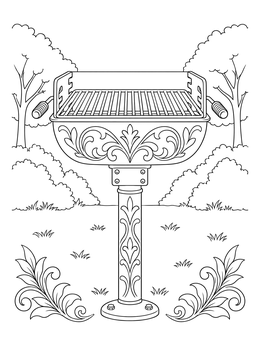 An ornate charcoal grill features in this park coloring page with trees in the background.