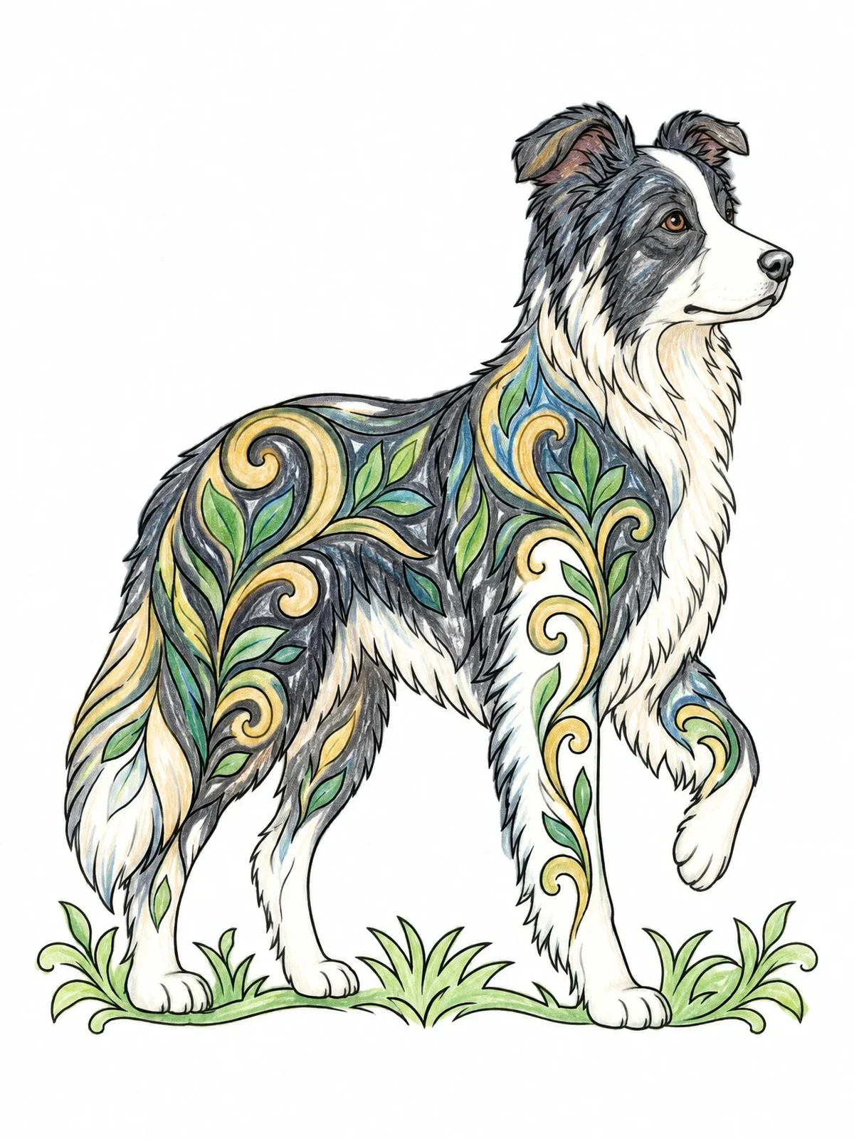 Colored example of the Decorative Patterned Border Collie coloring page