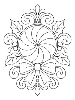 A decorative peppermint candy coloring page with holly leaves and an ornate bow.