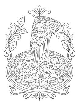 Detailed pizza coloring page showing a lifted slice with melted cheese strings.