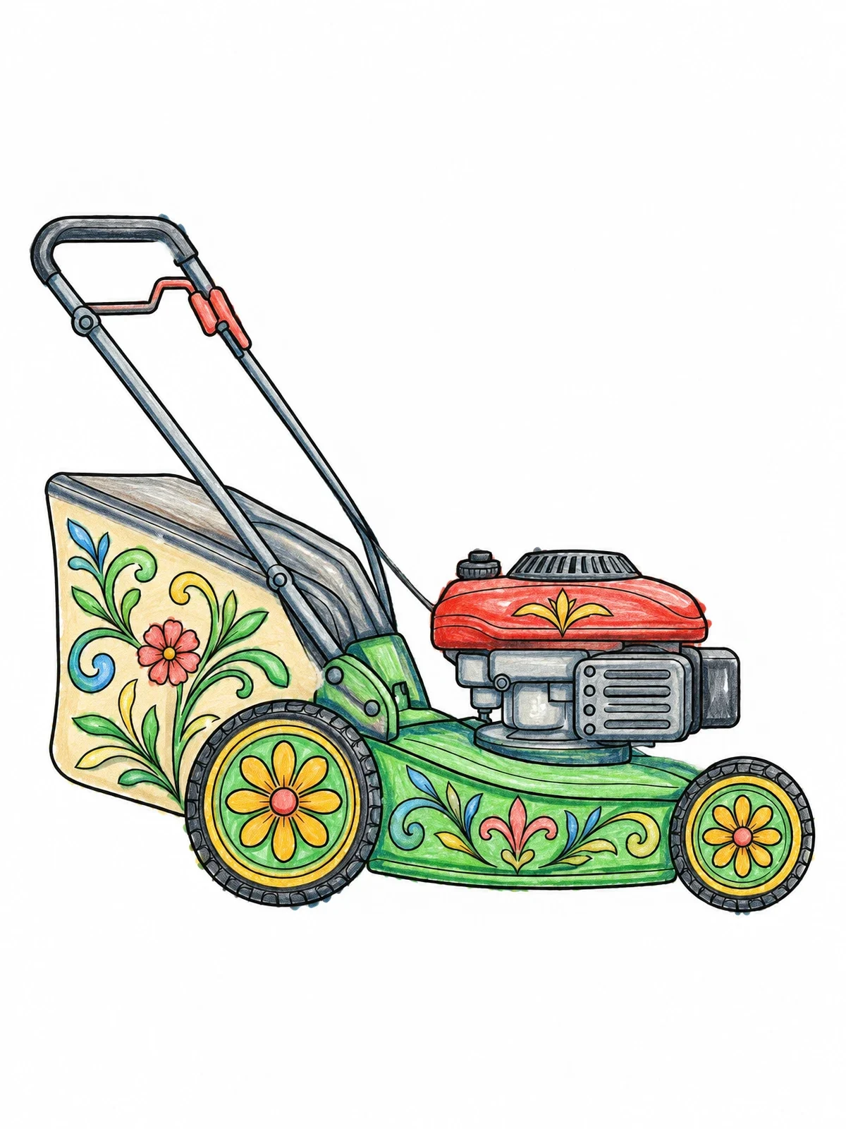 Colored example of the Decorative Push Lawn Mower coloring page