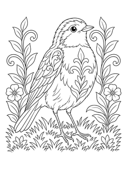 A decorative robin coloring page featuring stylized feathers and elegant garden plants.
