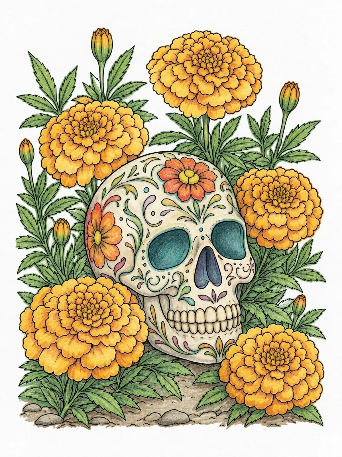 Colored example of the Decorative Skull Among Blooming Marigolds coloring page