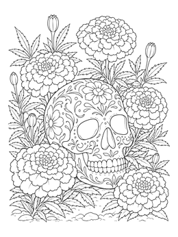 A decorative sugar skull surrounded by marigold flowers in this detailed skull coloring page.