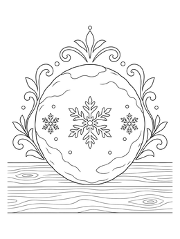 Decorated snowball coloring page sitting on a rustic wooden table with flourishes.