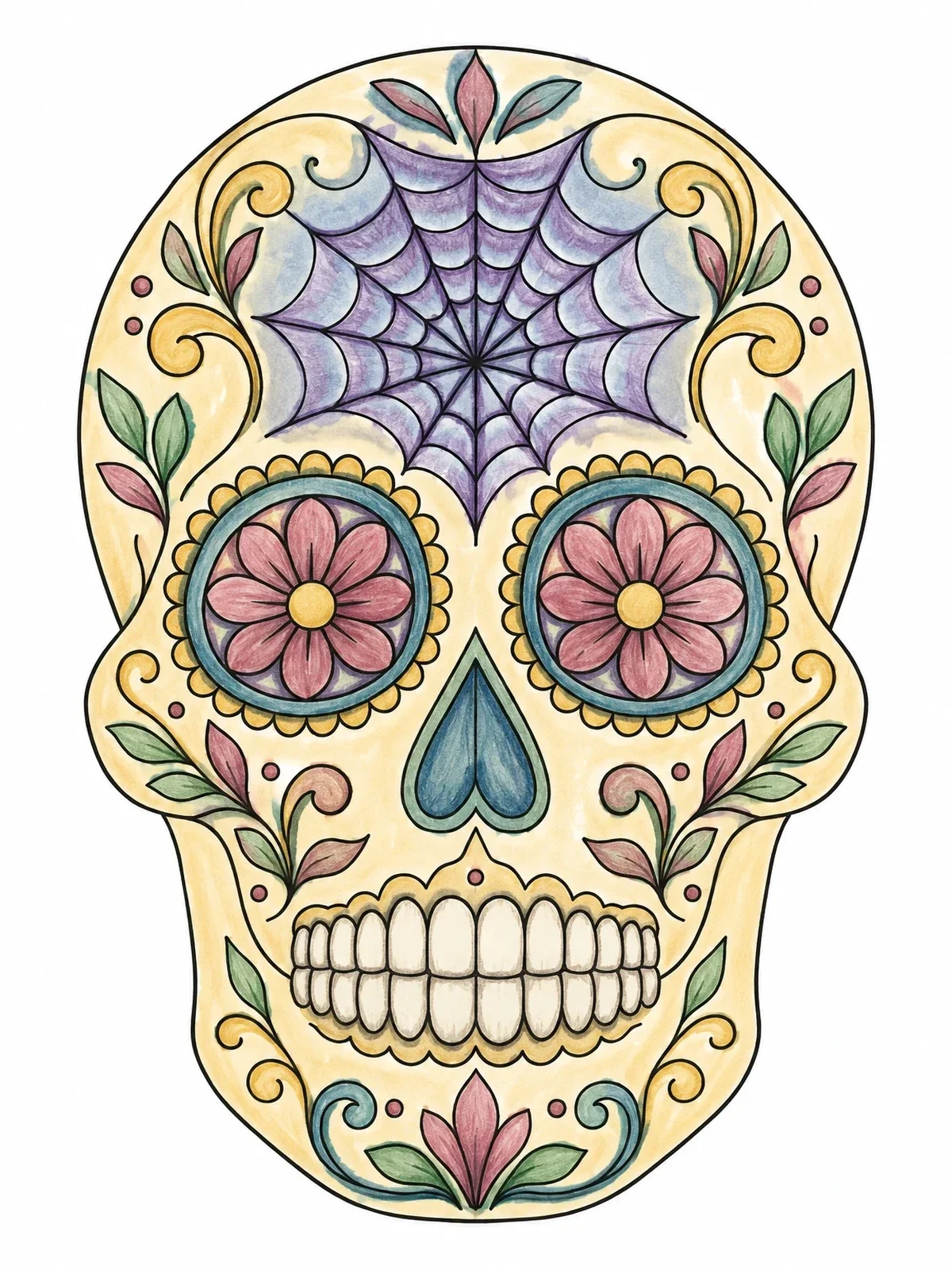 Colored example of the Decorative Sugar Skull With Spiderweb coloring page