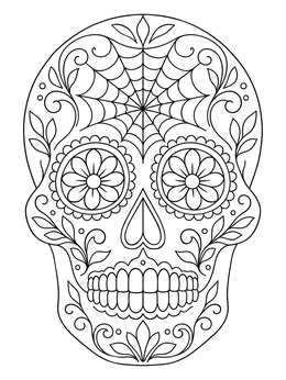 Intricate sugar skull coloring page featuring floral eye sockets and a forehead spiderweb.
