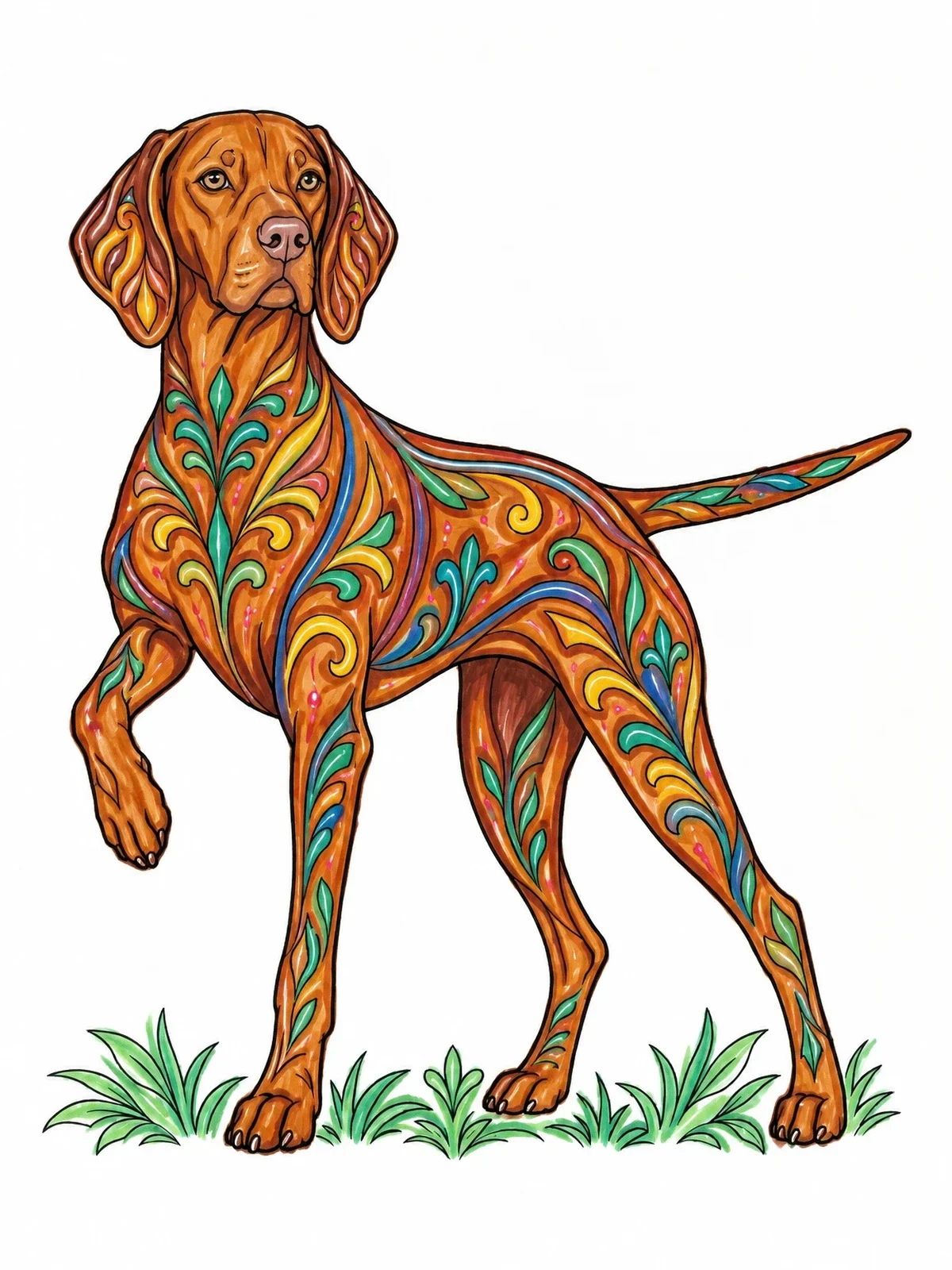 Colored example of the Decorative Vizsla In Pointing Stance coloring page