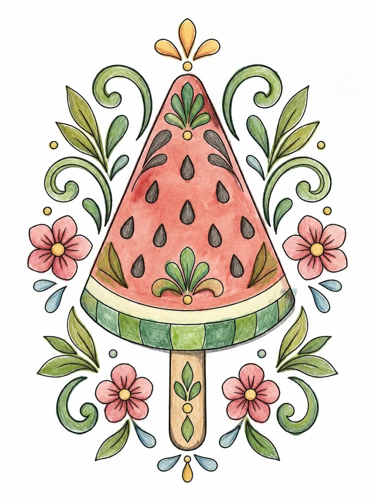 Colored example of the Decorative Watermelon Ice Pop Pattern coloring page