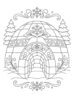An ornate snow igloo coloring page framed by pine trees and snowflake flourishes.