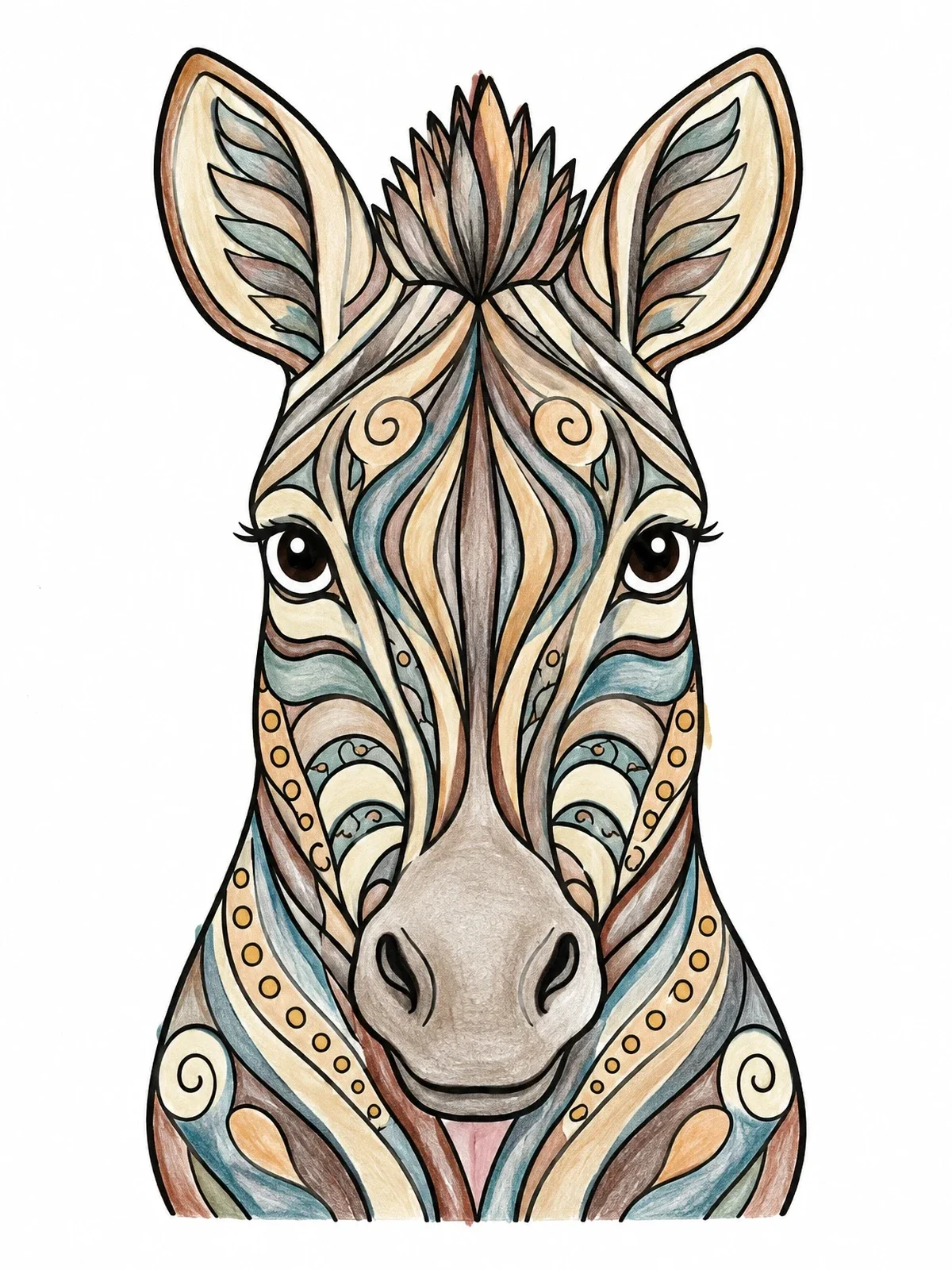 Colored example of the Decorative Zentangle Zebra Portrait coloring page