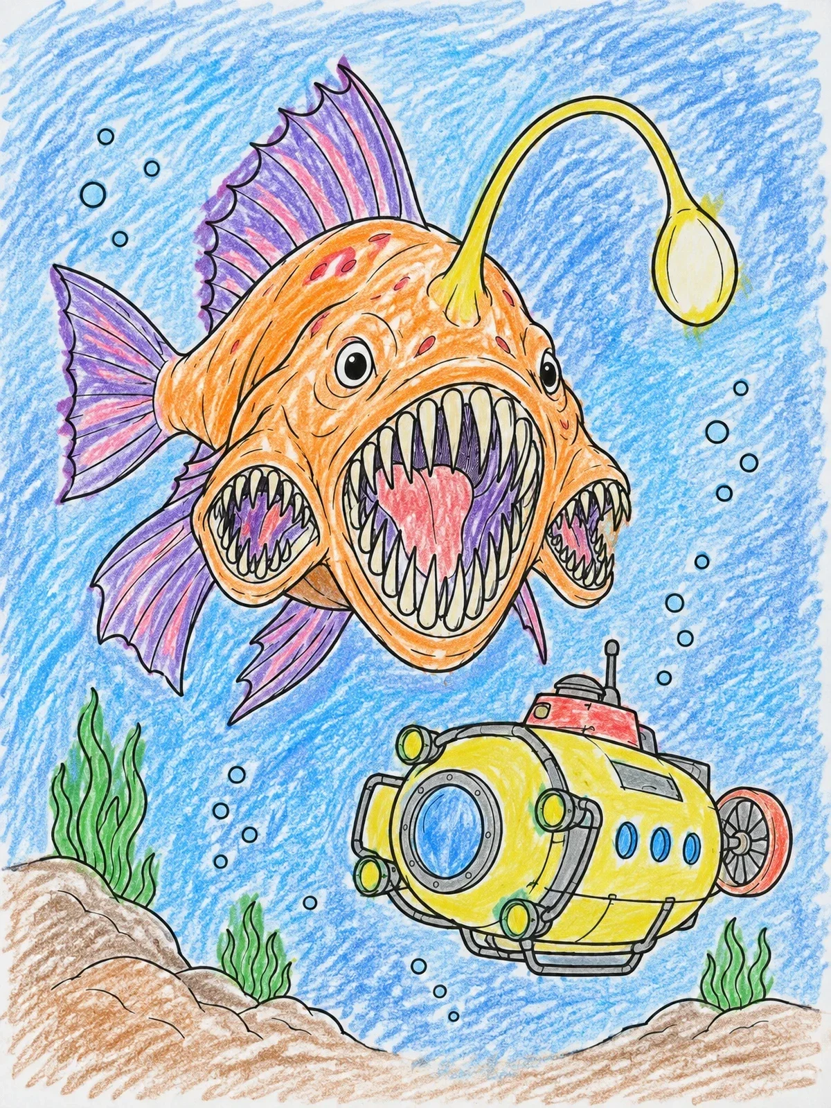Colored example of the Deep Sea Anglerfish And Submarine coloring page
