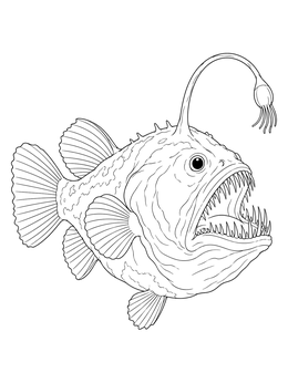 Detailed angler fish coloring page showing sharp teeth and an overhead lure.