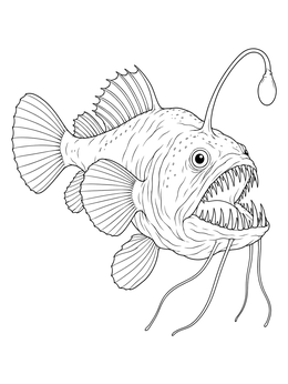 Detailed angler fish coloring page featuring sharp fangs, long barbels, and an illuminated lure.
