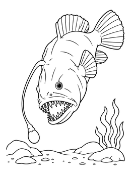 Detailed angler fish coloring page swimming downward toward rocks and sea plants.