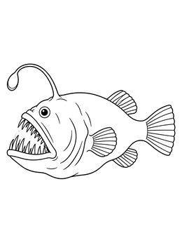 Detailed angler fish coloring page displaying a deep-sea creature with sharp teeth and glowing lure.