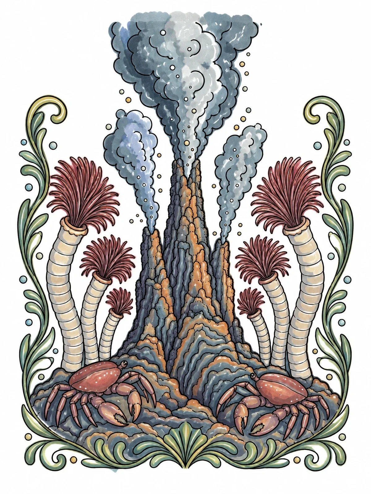 Colored example of the Deep Sea Hydrothermal Vent Scene coloring page