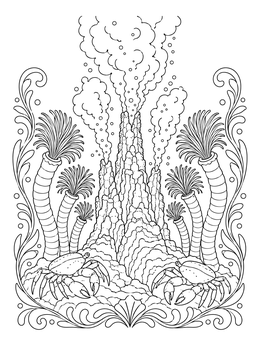 A detailed deep sea hydrothermal vent ecosystem coloring page with crabs and tube worms.