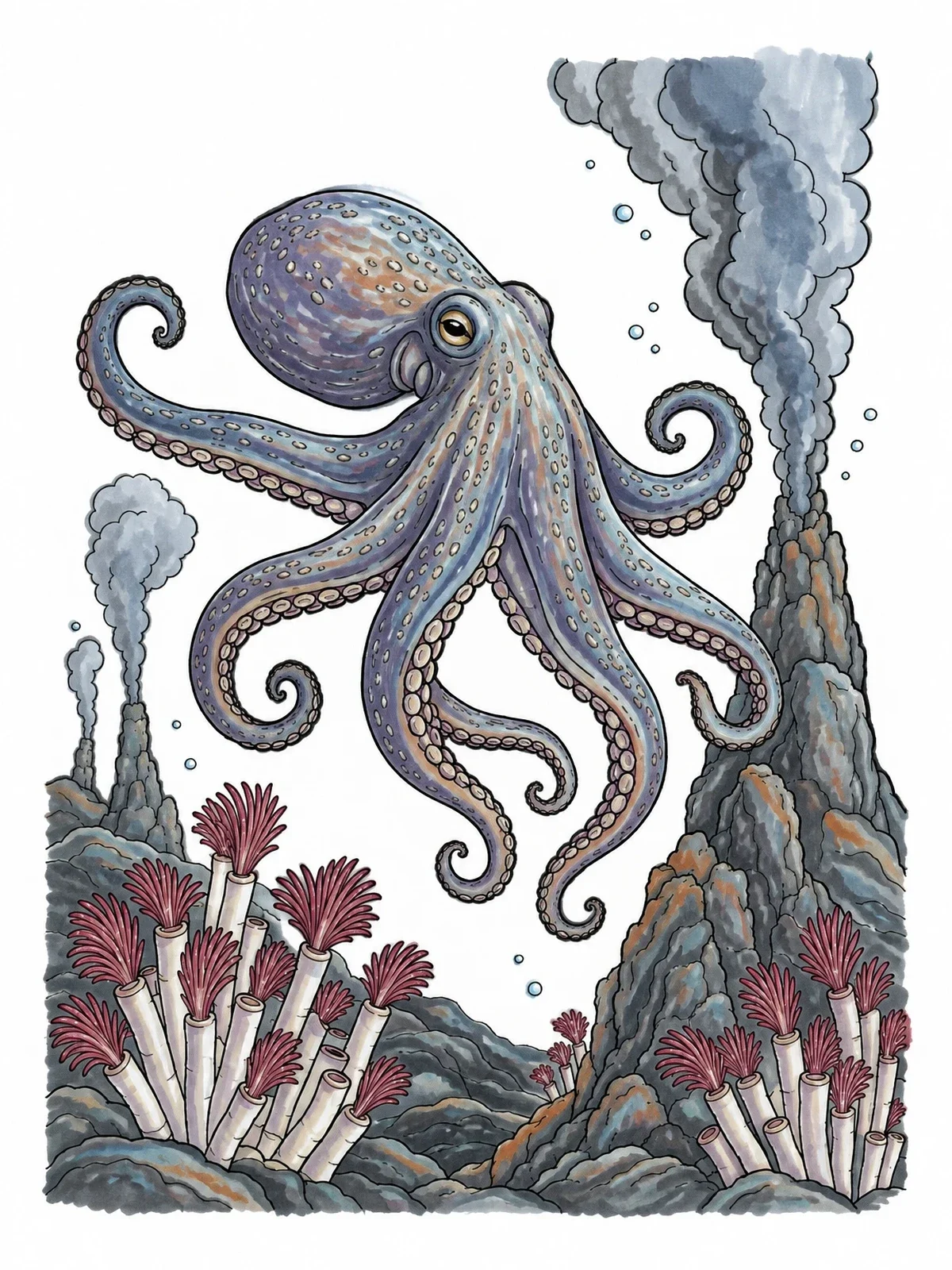 Colored example of the Deep Sea Octopus Near Hydrothermal Vent coloring page