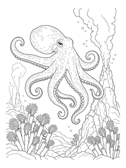 A realistic octopus coloring page featuring a cephalopod swimming near ocean vents and tube worms.